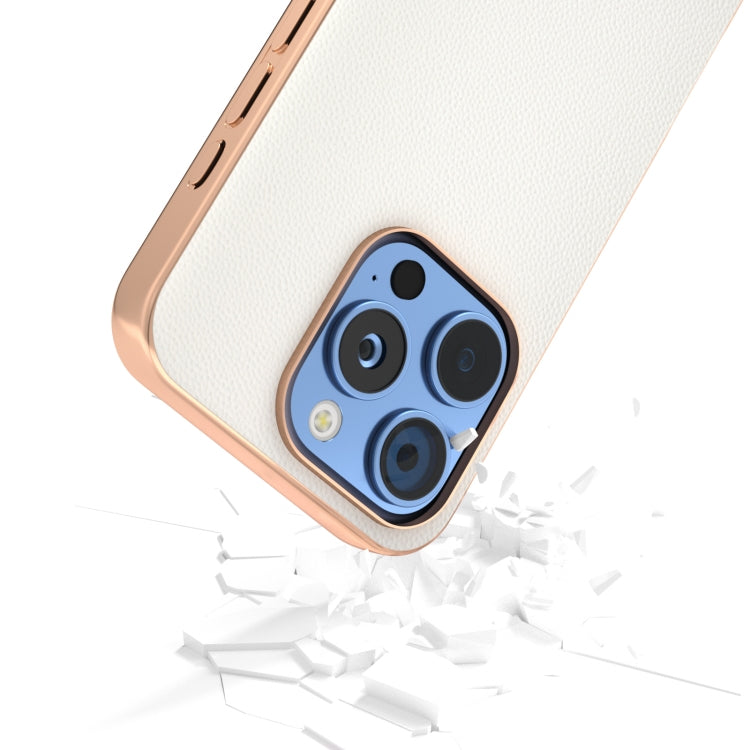 ABEEL Electroplated Frame Genuine Leather Elegant Phone Case, For iPhone 16 Pro Max, For iPhone 16 Pro, For iPhone 16 Plus, For iPhone 16
