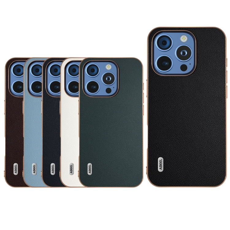 ABEEL Electroplated Frame Genuine Leather Elegant Phone Case, For iPhone 16 Pro Max, For iPhone 16 Pro, For iPhone 16 Plus, For iPhone 16