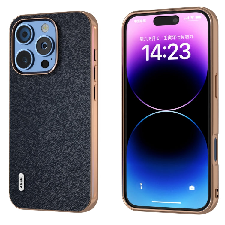 ABEEL Electroplated Frame Genuine Leather Elegant Phone Case, For iPhone 16 Pro Max, For iPhone 16 Pro, For iPhone 16 Plus, For iPhone 16