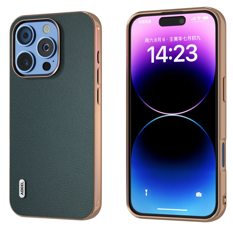 ABEEL Electroplated Frame Genuine Leather Elegant Phone Case, For iPhone 16 Pro Max, For iPhone 16 Pro, For iPhone 16 Plus, For iPhone 16