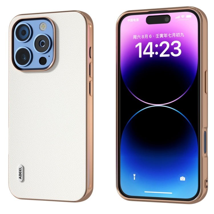 ABEEL Electroplated Frame Genuine Leather Elegant Phone Case, For iPhone 16 Pro Max, For iPhone 16 Pro, For iPhone 16 Plus, For iPhone 16