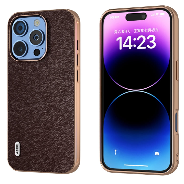 ABEEL Electroplated Frame Genuine Leather Elegant Phone Case, For iPhone 16 Pro Max, For iPhone 16 Pro, For iPhone 16 Plus, For iPhone 16
