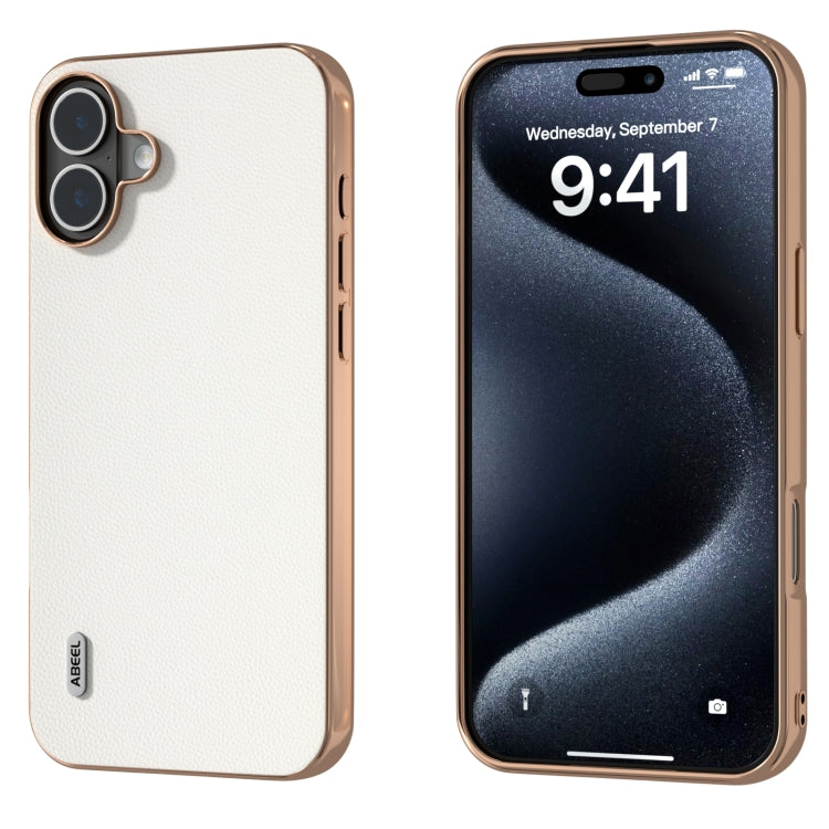 ABEEL Electroplated Frame Genuine Leather Elegant Phone Case, For iPhone 16 Pro Max, For iPhone 16 Pro, For iPhone 16 Plus, For iPhone 16