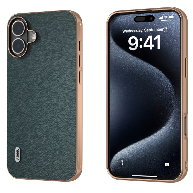 ABEEL Electroplated Frame Genuine Leather Elegant Phone Case, For iPhone 16 Pro Max, For iPhone 16 Pro, For iPhone 16 Plus, For iPhone 16