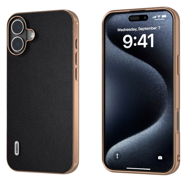 ABEEL Electroplated Frame Genuine Leather Elegant Phone Case, For iPhone 16 Pro Max, For iPhone 16 Pro, For iPhone 16 Plus, For iPhone 16