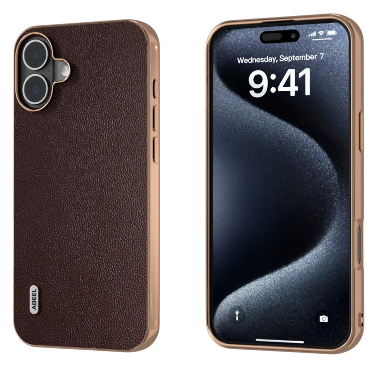 ABEEL Electroplated Frame Genuine Leather Elegant Phone Case, For iPhone 16 Pro Max, For iPhone 16 Pro, For iPhone 16 Plus, For iPhone 16