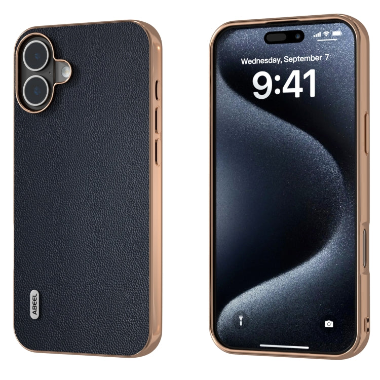 ABEEL Electroplated Frame Genuine Leather Elegant Phone Case, For iPhone 16 Pro Max, For iPhone 16 Pro, For iPhone 16 Plus, For iPhone 16