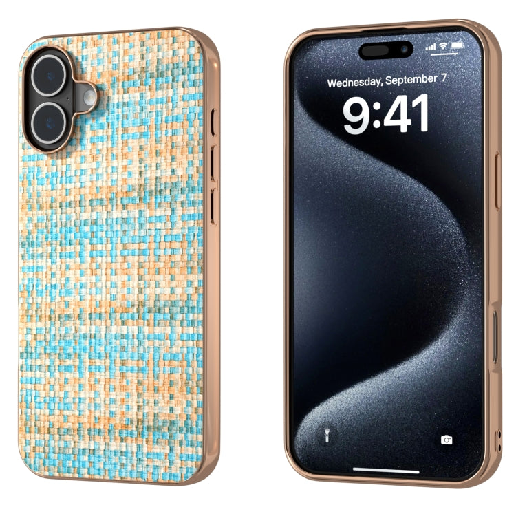 Electroplated Frame Color Lattice Texture PU Phone Case, For iPhone 16 Pro Max, For iPhone 16 Pro, For iPhone 16 Plus, For iPhone 16