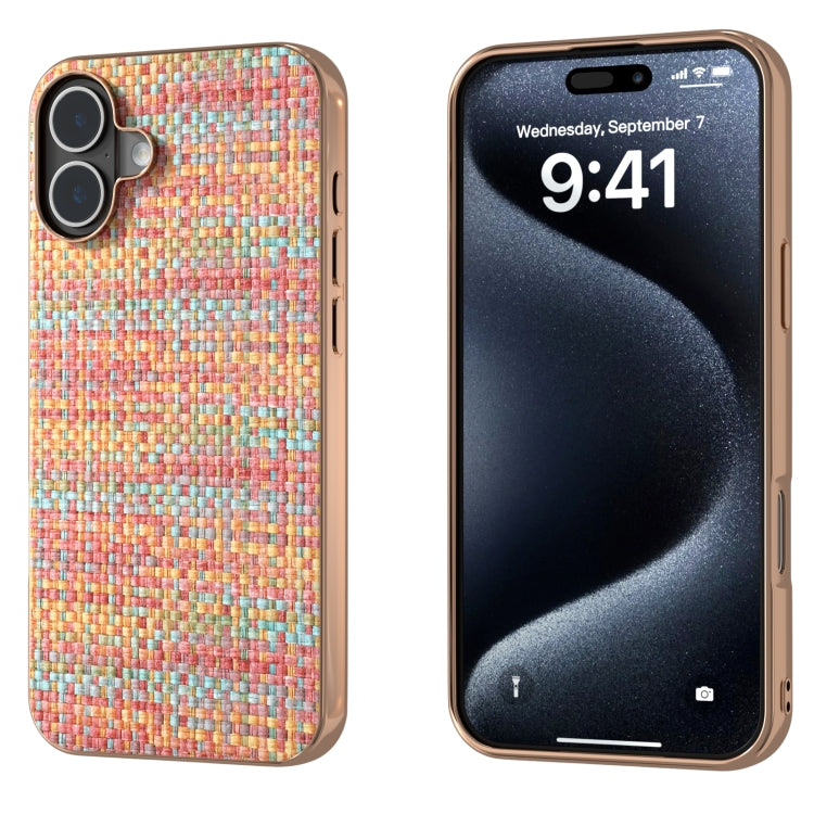Electroplated Frame Color Lattice Texture PU Phone Case, For iPhone 16 Pro Max, For iPhone 16 Pro, For iPhone 16 Plus, For iPhone 16