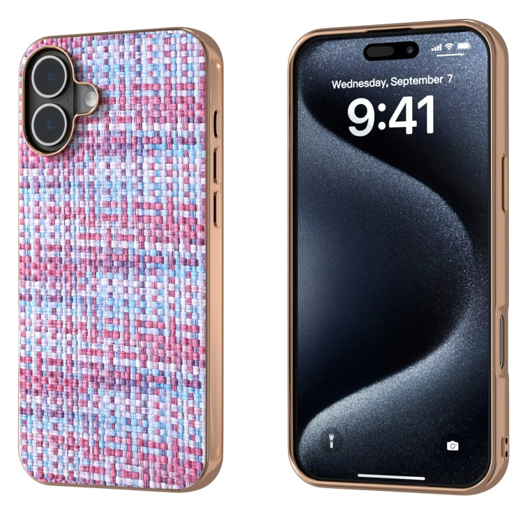 Electroplated Frame Color Lattice Texture PU Phone Case, For iPhone 16 Pro Max, For iPhone 16 Pro, For iPhone 16 Plus, For iPhone 16