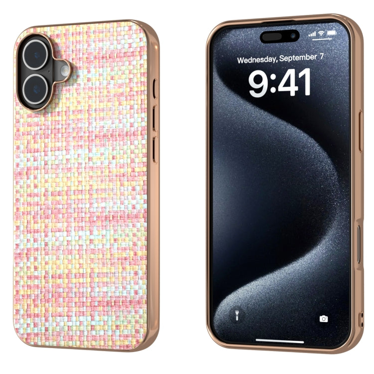 Electroplated Frame Color Lattice Texture PU Phone Case, For iPhone 16 Pro Max, For iPhone 16 Pro, For iPhone 16 Plus, For iPhone 16