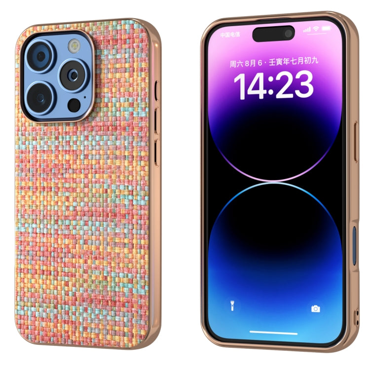 Electroplated Frame Color Lattice Texture PU Phone Case, For iPhone 16 Pro Max, For iPhone 16 Pro, For iPhone 16 Plus, For iPhone 16