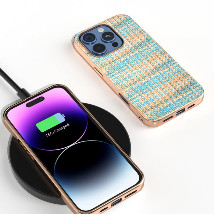 Electroplated Frame Color Lattice Texture PU Phone Case, For iPhone 16 Pro Max, For iPhone 16 Pro, For iPhone 16 Plus, For iPhone 16