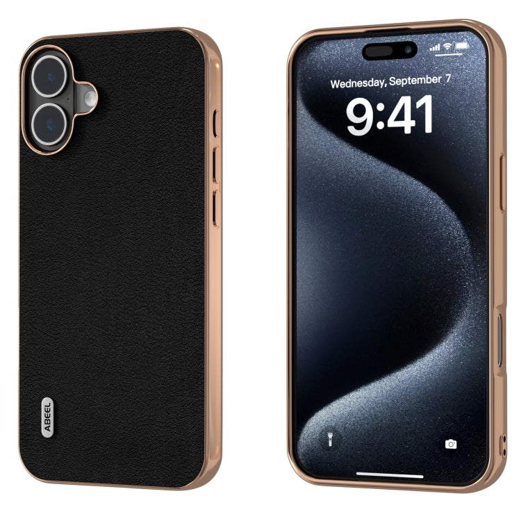 ABEEL Electroplating Frame Genuine Leather Wave Phone Case, For iPhone 16 Pro Max, For iPhone 16 Pro, For iPhone 16 Plus, For iPhone 16