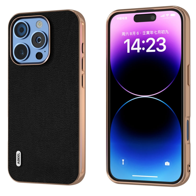 ABEEL Electroplating Frame Genuine Leather Wave Phone Case, For iPhone 16 Pro Max, For iPhone 16 Pro, For iPhone 16 Plus, For iPhone 16