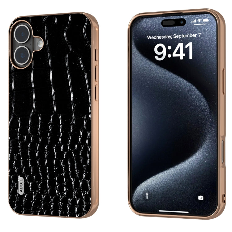 ABEEL Electroplated Frame Genuine Leather Crocodile Pattern Phone Case, For iPhone 16 Pro Max, For iPhone 16 Pro, For iPhone 16 Plus, For iPhone 16