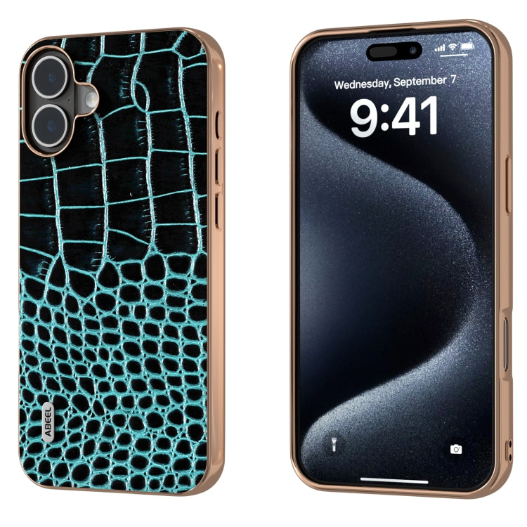 ABEEL Electroplated Frame Genuine Leather Crocodile Pattern Phone Case, For iPhone 16 Pro Max, For iPhone 16 Pro, For iPhone 16 Plus, For iPhone 16