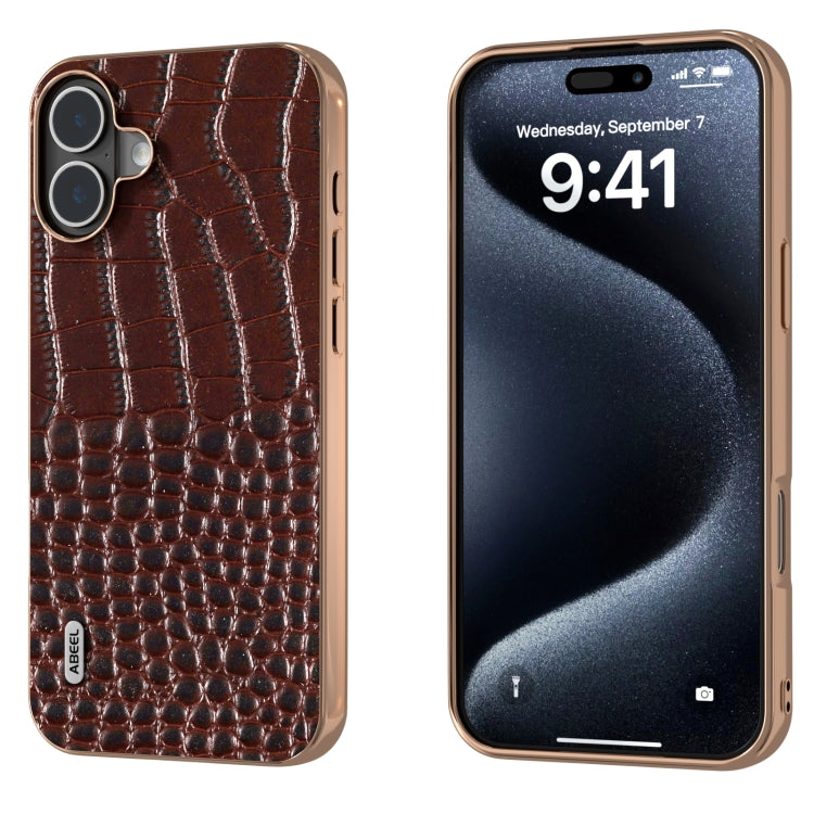 ABEEL Electroplated Frame Genuine Leather Crocodile Pattern Phone Case, For iPhone 16 Pro Max, For iPhone 16 Pro, For iPhone 16 Plus, For iPhone 16