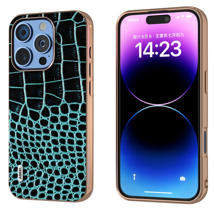ABEEL Electroplated Frame Genuine Leather Crocodile Pattern Phone Case, For iPhone 16 Pro Max, For iPhone 16 Pro, For iPhone 16 Plus, For iPhone 16