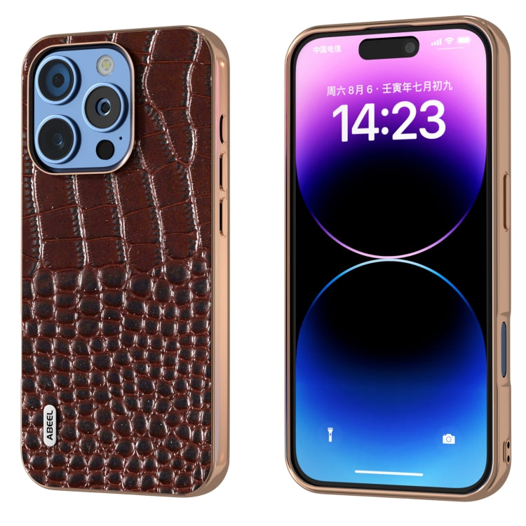 ABEEL Electroplated Frame Genuine Leather Crocodile Pattern Phone Case, For iPhone 16 Pro Max, For iPhone 16 Pro, For iPhone 16 Plus, For iPhone 16