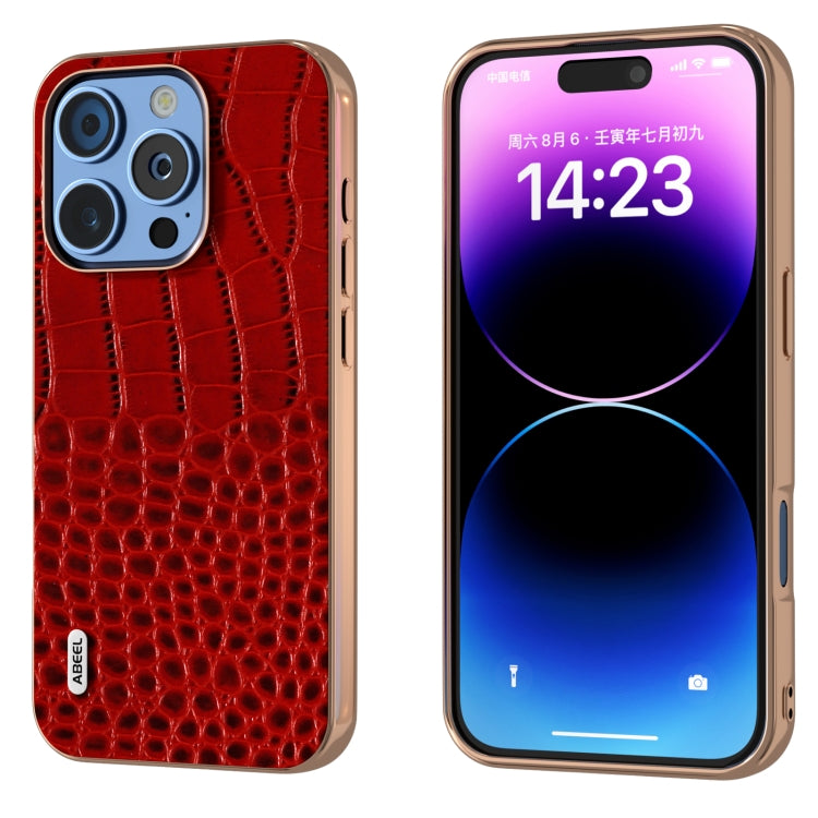 ABEEL Electroplated Frame Genuine Leather Crocodile Pattern Phone Case, For iPhone 16 Pro Max, For iPhone 16 Pro, For iPhone 16 Plus, For iPhone 16