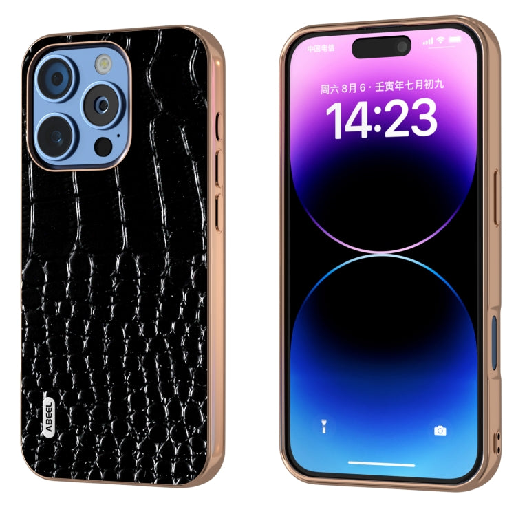 ABEEL Electroplated Frame Genuine Leather Crocodile Pattern Phone Case, For iPhone 16 Pro Max, For iPhone 16 Pro, For iPhone 16 Plus, For iPhone 16