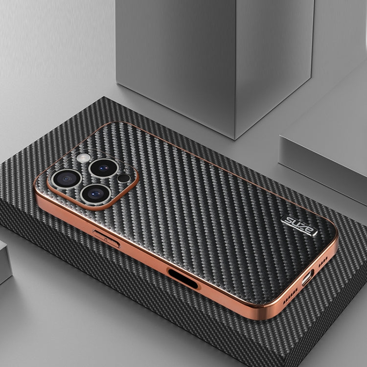 AZNS Electroplated Edge Carbon Fiber Texture Phone Case, For iPhone 16 Pro, For iPhone 16 Plus, For iPhone 16, For iPhone 15 Pro Max, For iPhone 15 Pro, For iPhone 15 Plus