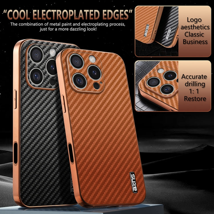AZNS Electroplated Edge Carbon Fiber Texture Phone Case, For iPhone 16 Pro, For iPhone 16 Plus, For iPhone 16, For iPhone 15 Pro Max, For iPhone 15 Pro, For iPhone 15 Plus