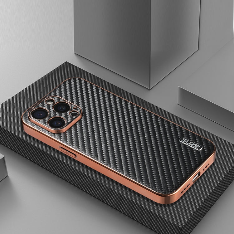 AZNS Electroplated Edge Carbon Fiber Texture Phone Case, For iPhone 15 Pro, For iPhone 15 Plus, For iPhone 15, For iPhone 14 Plus, For iPhone 14, For iPhone 14 Pro