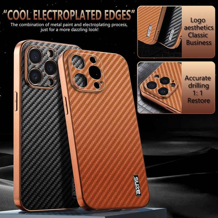 AZNS Electroplated Edge Carbon Fiber Texture Phone Case, For iPhone 15 Pro, For iPhone 15 Plus, For iPhone 15, For iPhone 14 Plus, For iPhone 14, For iPhone 14 Pro