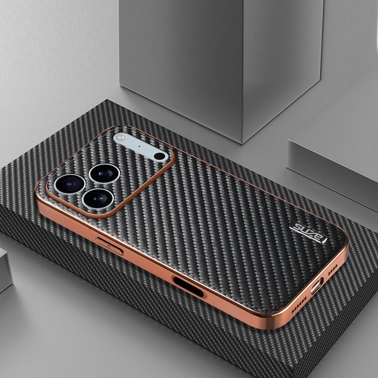 AZNS Electroplated Edge Carbon Fiber Texture Phone Case, For iPhone 18 Pro, For iPhone 18 Pro Max, For iPhone 17e / 16e, For iPhone 17 Pro Max, For iPhone 17 Pro, For iPhone 17