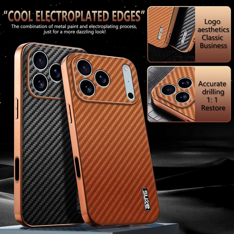 AZNS Electroplated Edge Carbon Fiber Texture Phone Case, For iPhone 18 Pro, For iPhone 18 Pro Max, For iPhone 17e / 16e, For iPhone 17 Pro Max, For iPhone 17 Pro, For iPhone 17