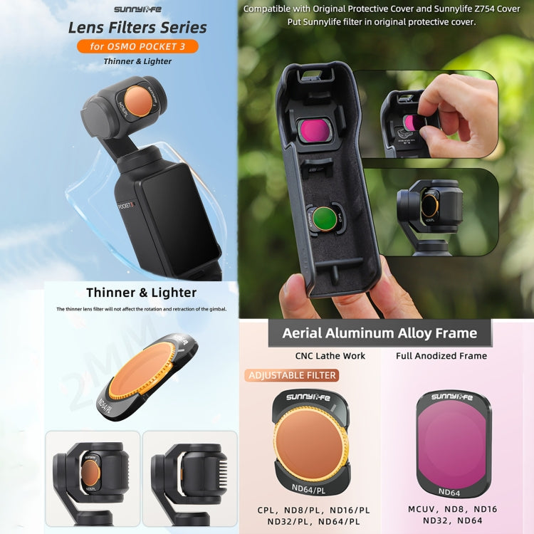 For DJI Osmo Pocket 3 Sunnylife Camera Lens Magnetic Metal Filter, No Impact On Gimbal Reset, MCUV, ND8, ND16, ND32, ND64, CPL, ND8PL, ND16PL, ND32PL, ND64PL, 3 in 1 CPL ND8 ND16, 4 in 1 ND8-64, 4 in 1 ND8-64PL, 4 in 1 UV CPL ND32 ND64                 ...