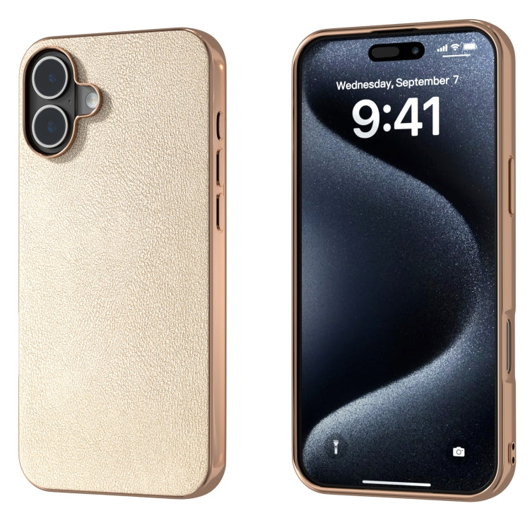 PU Leather Electroplating Frame Full Coverage Phone Case, For iPhone 16 Plus, For iPhone 16