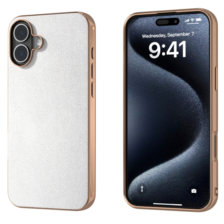 PU Leather Electroplating Frame Full Coverage Phone Case, For iPhone 16 Plus, For iPhone 16