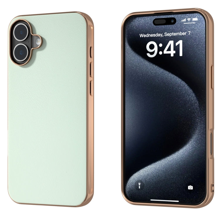 PU Leather Electroplating Frame Full Coverage Phone Case, For iPhone 16 Plus, For iPhone 16