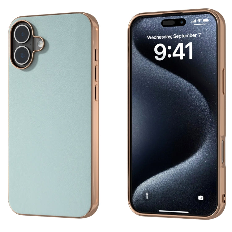 PU Leather Electroplating Frame Full Coverage Phone Case, For iPhone 16 Plus, For iPhone 16