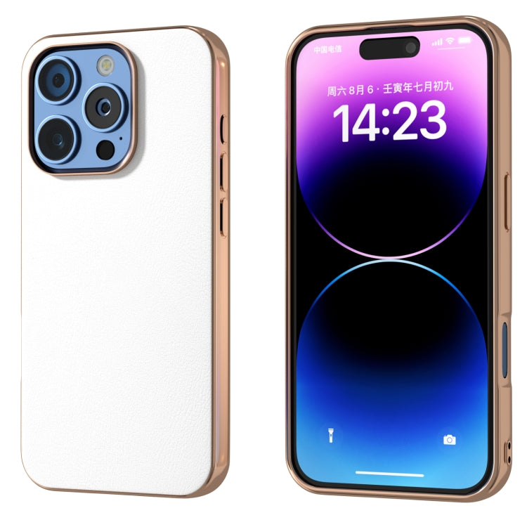 PU Leather Electroplating Frame Full Coverage Phone Case, For iPhone 16 Pro Max, For iPhone 16 Pro