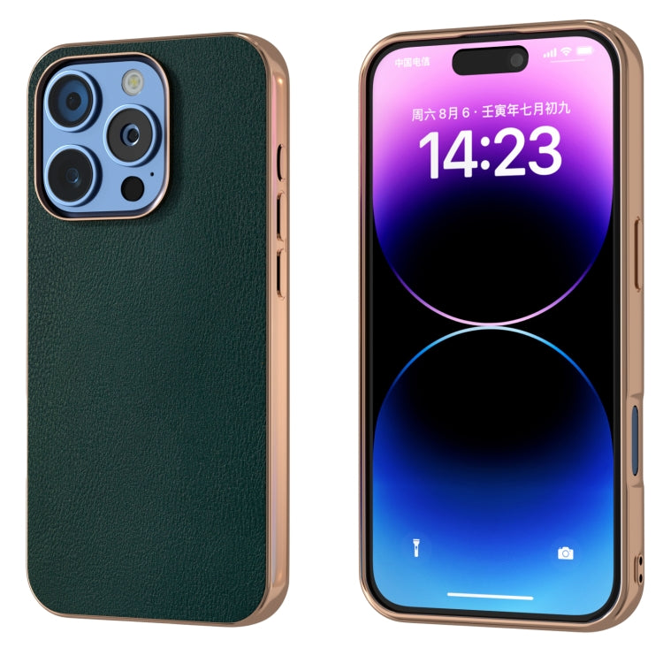 PU Leather Electroplating Frame Full Coverage Phone Case, For iPhone 16 Pro Max, For iPhone 16 Pro