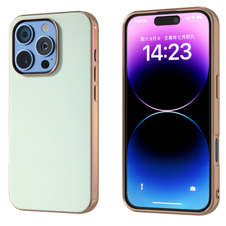 PU Leather Electroplating Frame Full Coverage Phone Case, For iPhone 16 Pro Max, For iPhone 16 Pro