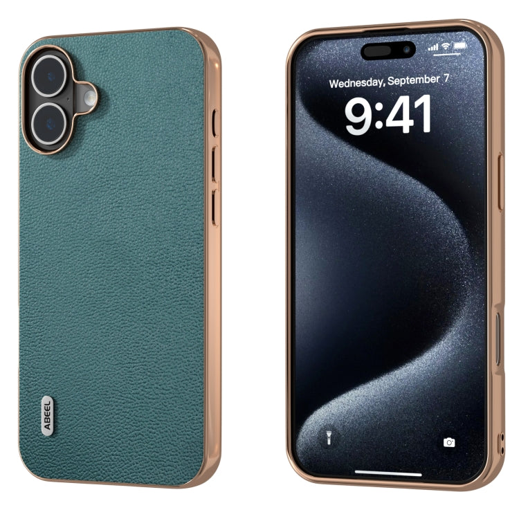 ABEEL Electroplating Frame Genuine Leather Luolai Series Phone Case, For iPhone 16 Pro Max, For iPhone 16 Pro, For iPhone 16 Plus, For iPhone 16