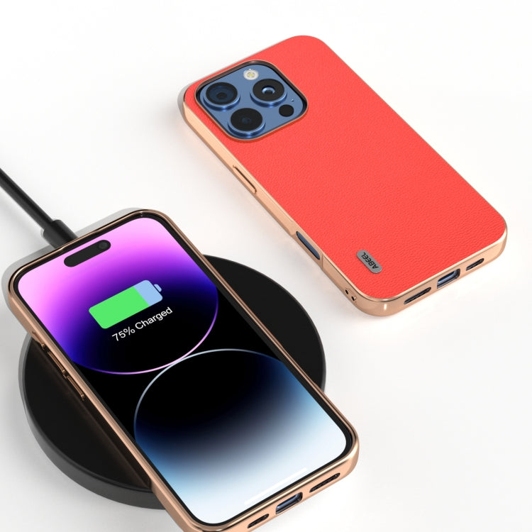 ABEEL Electroplating Frame Genuine Leather Luolai Series Phone Case, For iPhone 16 Pro Max, For iPhone 16 Pro, For iPhone 16 Plus, For iPhone 16