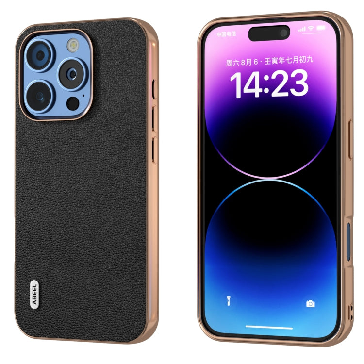 ABEEL Electroplating Frame Genuine Leather Luolai Series Phone Case, For iPhone 16 Pro Max, For iPhone 16 Pro, For iPhone 16 Plus, For iPhone 16