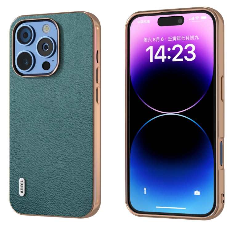 ABEEL Electroplating Frame Genuine Leather Luolai Series Phone Case, For iPhone 16 Pro Max, For iPhone 16 Pro, For iPhone 16 Plus, For iPhone 16