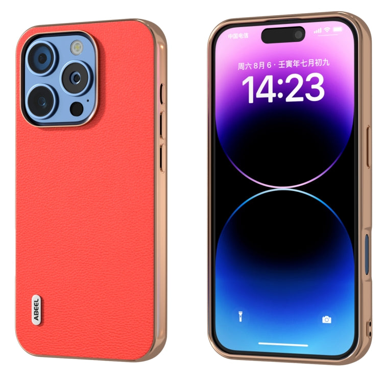 ABEEL Electroplating Frame Genuine Leather Luolai Series Phone Case, For iPhone 16 Pro Max, For iPhone 16 Pro, For iPhone 16 Plus, For iPhone 16