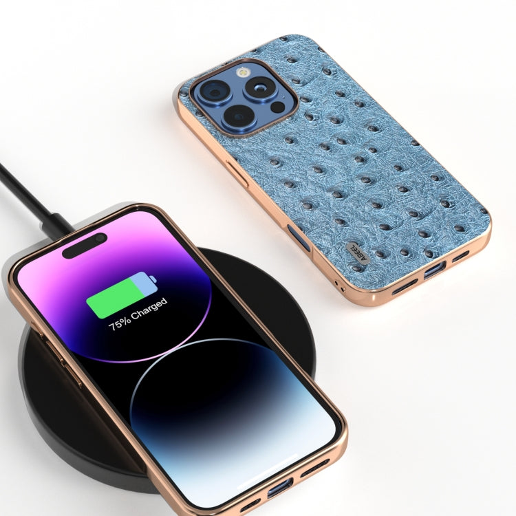 ABEEL Electroplating Frame Genuine Leather Ostrich Texture Phone Case, For iPhone 16 Pro Max, For iPhone 16 Pro, For iPhone 16 Plus, For iPhone 16