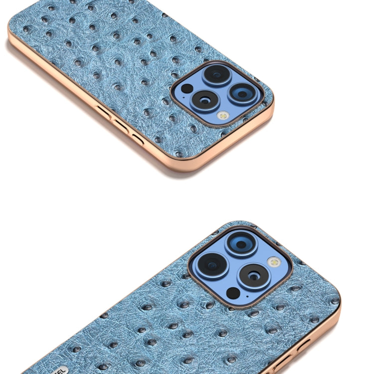 ABEEL Electroplating Frame Genuine Leather Ostrich Texture Phone Case, For iPhone 16 Pro Max, For iPhone 16 Pro, For iPhone 16 Plus, For iPhone 16