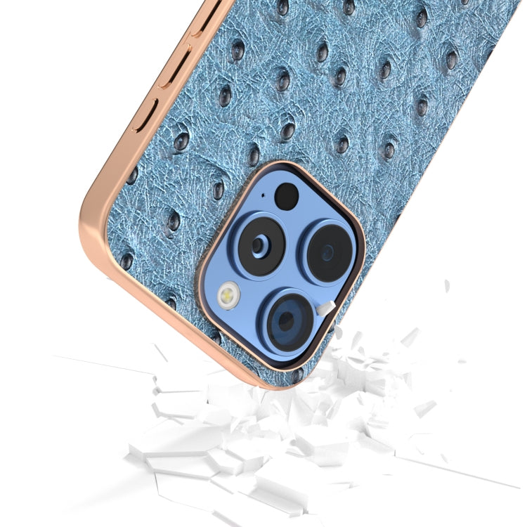 ABEEL Electroplating Frame Genuine Leather Ostrich Texture Phone Case, For iPhone 16 Pro Max, For iPhone 16 Pro, For iPhone 16 Plus, For iPhone 16