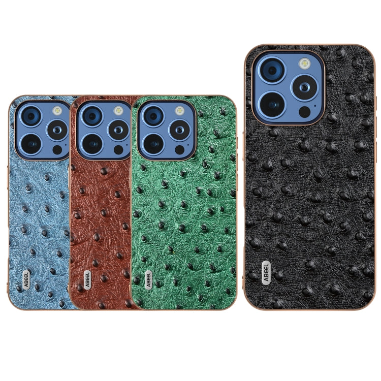 ABEEL Electroplating Frame Genuine Leather Ostrich Texture Phone Case, For iPhone 16 Pro Max, For iPhone 16 Pro, For iPhone 16 Plus, For iPhone 16