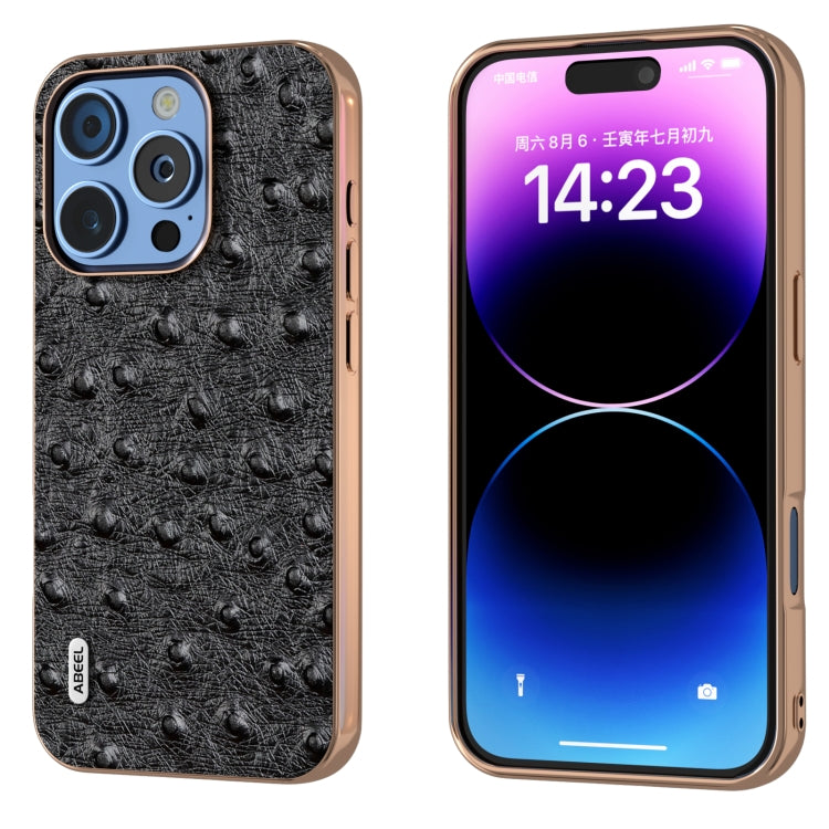 ABEEL Electroplating Frame Genuine Leather Ostrich Texture Phone Case, For iPhone 16 Pro Max, For iPhone 16 Pro, For iPhone 16 Plus, For iPhone 16